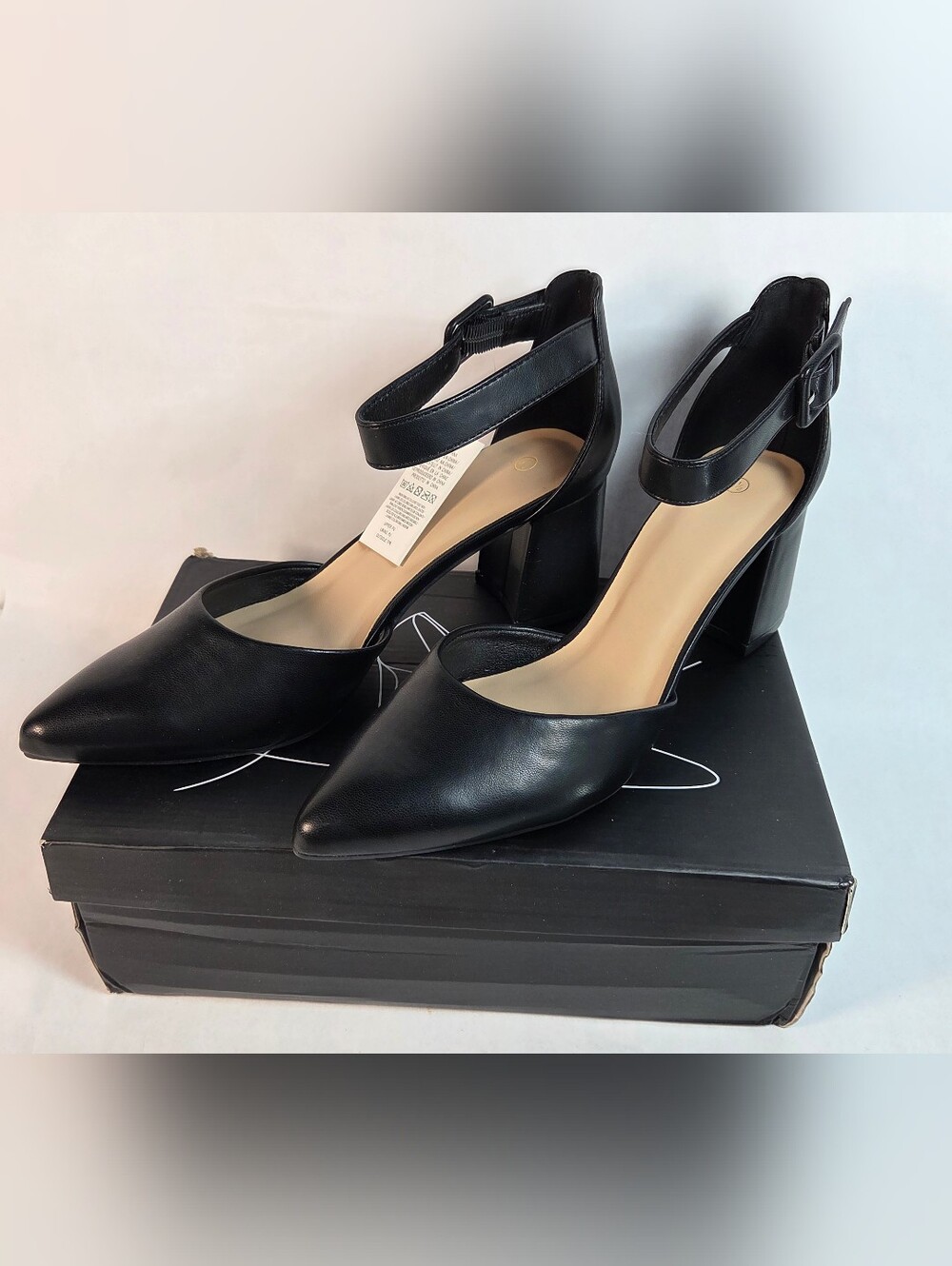 Classic Black Pointed Ankle-Strap Block Heel Pumps
